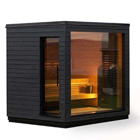 Luxury fully assembled SaunaLife Model G6 outdoor home sauna with alder interior and double-glazed glass windows