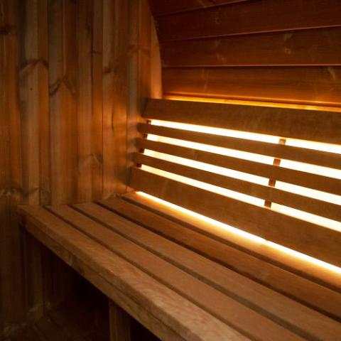SaunaLife Model E6 ergonomic outdoor sauna barrel in backyard