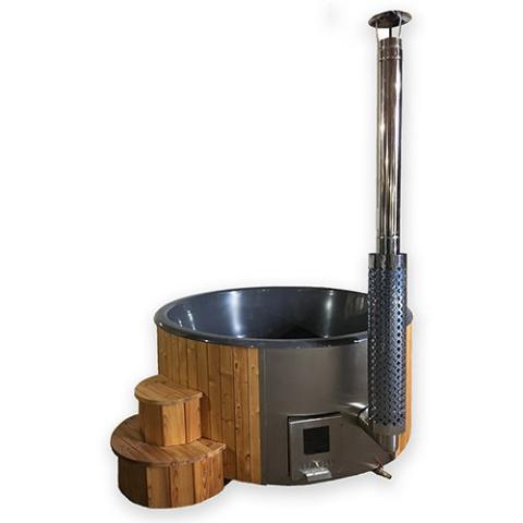 SaunaLife Model S4N wood-burning outdoor hot tub with Thermo-Spruce exterior