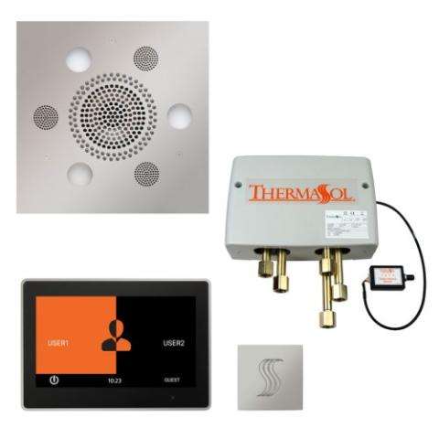 ThermaSol smart shower system with ThermaTouch 10 control, Serenity 10 rainhead, and SteamVection steamhead in upgraded square design