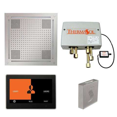 ThermaTouch 7 touchscreen control panel with HydroVive and SteamVection shower components in modern bathroom setting