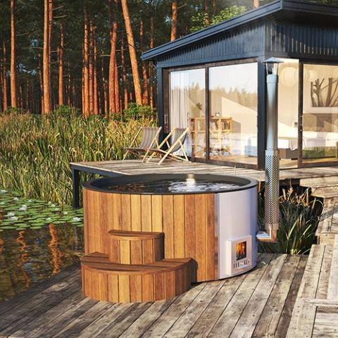 SaunaLife Model S4N wood-burning hot tub with thermo-spruce exterior