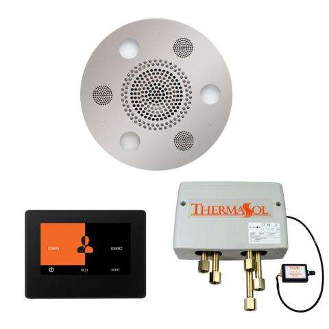 ThermaSol Wellness Shower Package with 7" ThermaTouch touchscreen control and Serenity Light, Sound & Rainhead system in modern bathroom setting