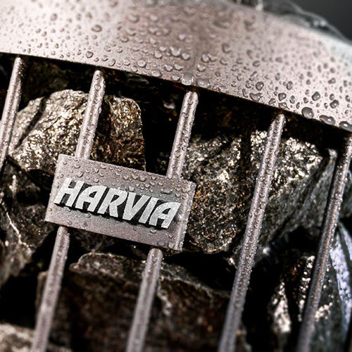 Close-up of Harvia sauna heater stones with droplets