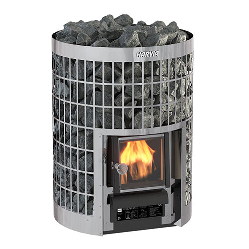 Harvia Cilindro sauna stove with fire burning