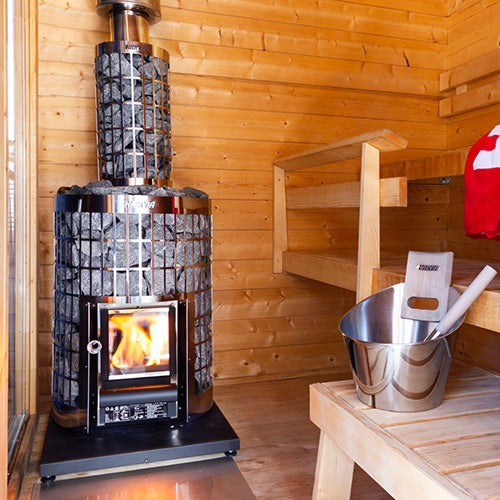 Harvia Cilindro sauna stove with rocks and flames