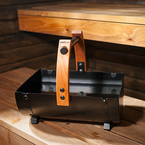 Harvia Sauna Bucket on wooden shelf
