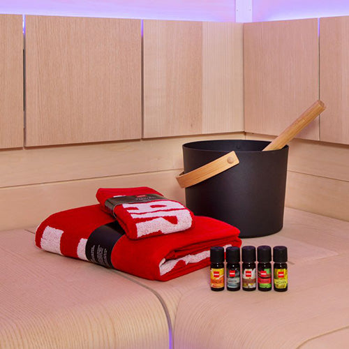 Harvia towels with bucket and essential oils