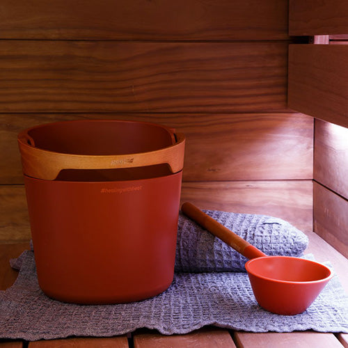 Red Sauna Bucket with wooden handle and scoop