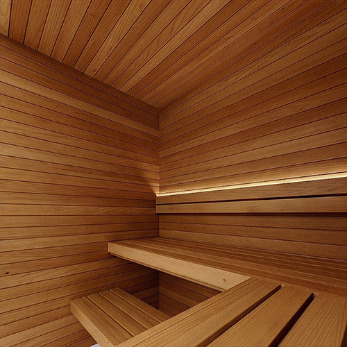 Sauna interior with Thermo-Aspen 28mm x 28mm wood trim