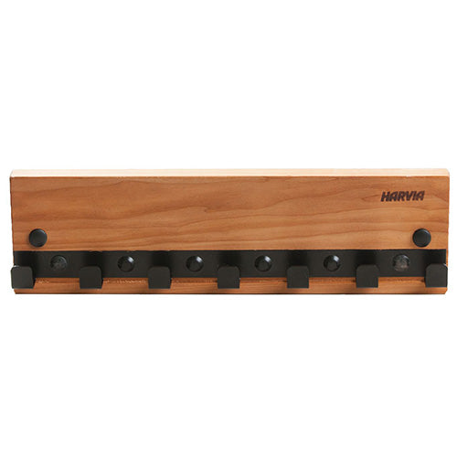 Wooden sauna wall hanger with black hooks