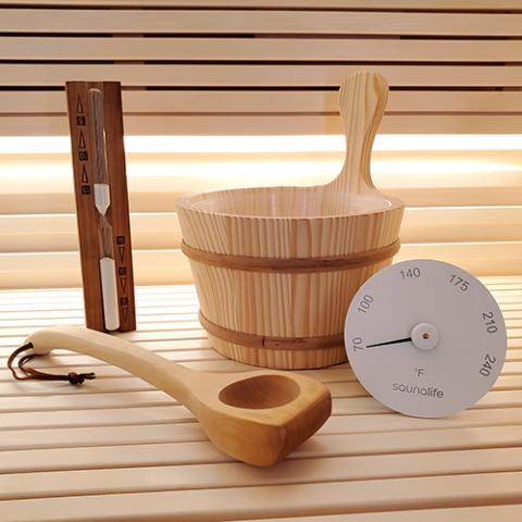 Sauna bucket and ladle package with timer and thermometer