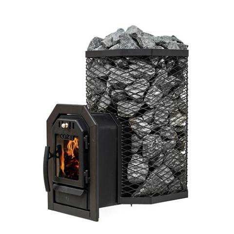 Cozy Heat thru-wall wood-burning sauna heater black steel stove