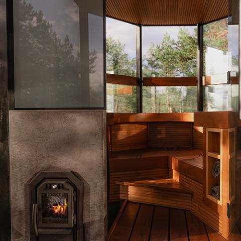 Cozy Heat thru-wall wood-burning sauna heater in black steel