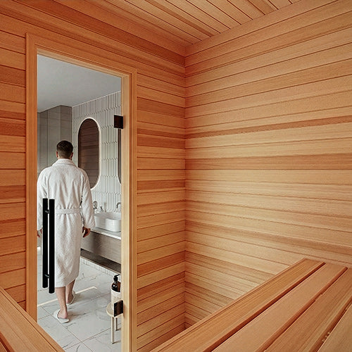 Installed cedar sauna wall and bench interior