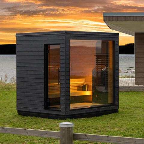 Luxury SaunaLife Model G6 fully assembled outdoor home sauna with large glass window