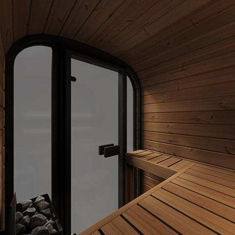 SaunaLife Model CL3G Cube-Series outdoor sauna with tempered glass front