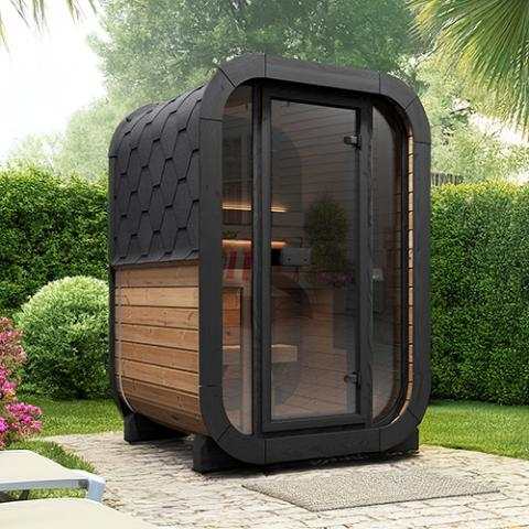 SaunaLife Model CL3G outdoor sauna with full-glass front and Thermo-Spruce exterior