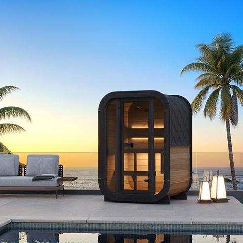 SaunaLife Model CL3G outdoor sauna with glass front and thermo-spruce exterior