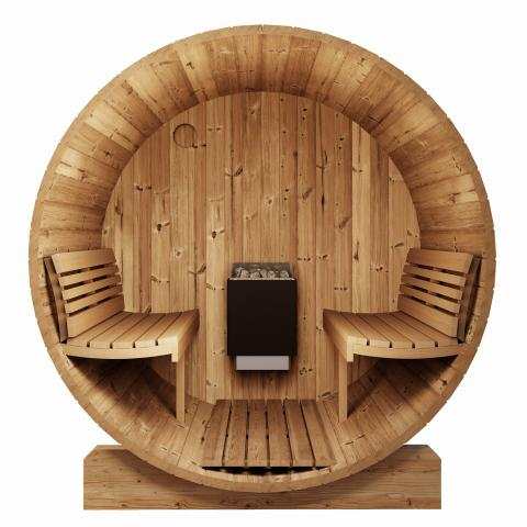 SaunaLife Model E6 three-person backyard sauna barrel