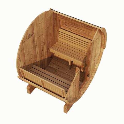 SaunaLife Model E6 ergonomic outdoor sauna barrel with black shingle roof